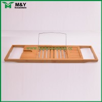 Sturdy bamboo wooden expandable bathtub serving tray with book rack