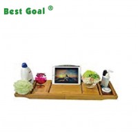 Expandable Bamboo Bathtub Caddy Adjustable Wooden Serving Tray and Organizer for Any Size Bath Tub